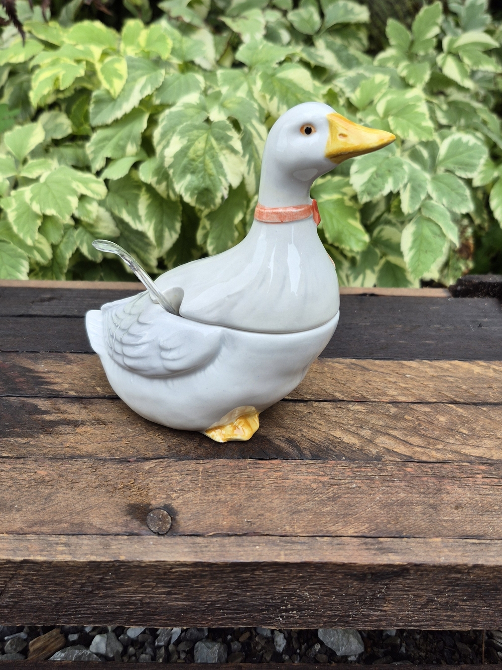 Vintage 1983 Otagiri Japan Ceramic Goose Condiment Jar with Clear German Spoon